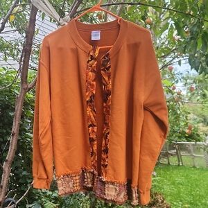 Women's Fall Festive, Halloween, Leaf Print Orange, Open Oversize Cardigan Sz M